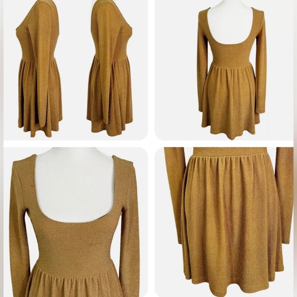 Free People Day & Night Gold Metallic Long Sleeve Babydoll Mini Dress Women’s S - Picture 3 of 12